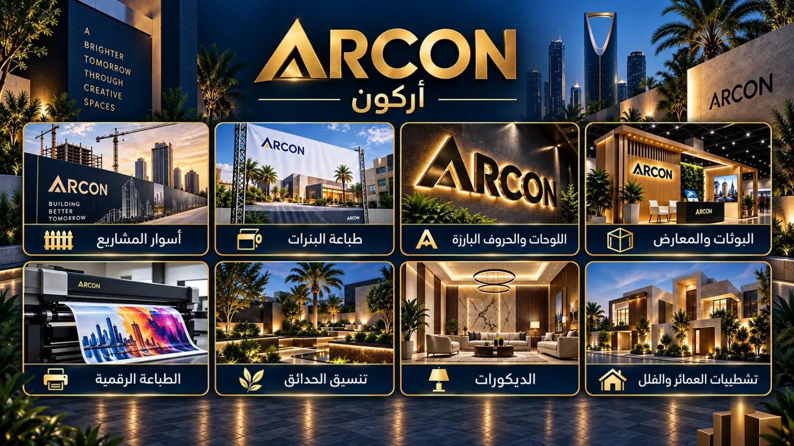 تنفيذ أسوار المشاريع، وطباعة البنرات، وتصنيع اللوحات الإعلانية والحروف البارزة المضيئة، وتصميم بوثات المعارض، والطباعة الرقمية.